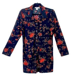Carolyn Strauss Top Coat Side Slits Long Sleeve Black Floral Buttons Womens S